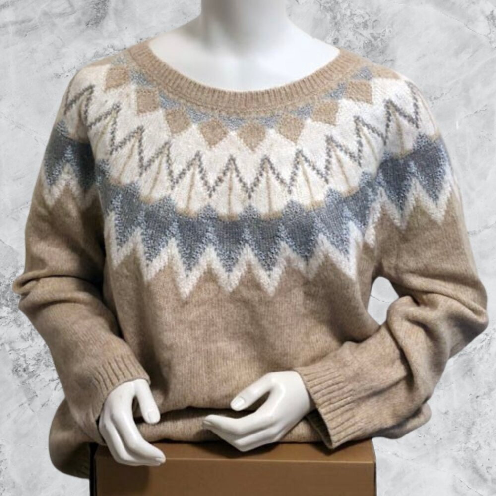 Chico’s Metallic Fair Isle Sweater Size 3 L16 Neutral Shimmer Nordic Apres-ski